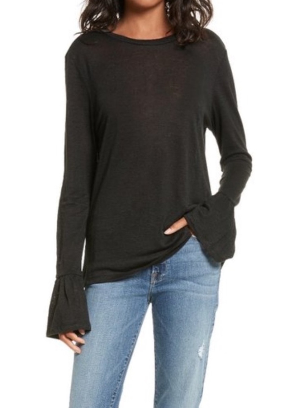 Frame Denim Black linen Long-Sleeve Ruffle Cuff Tee
